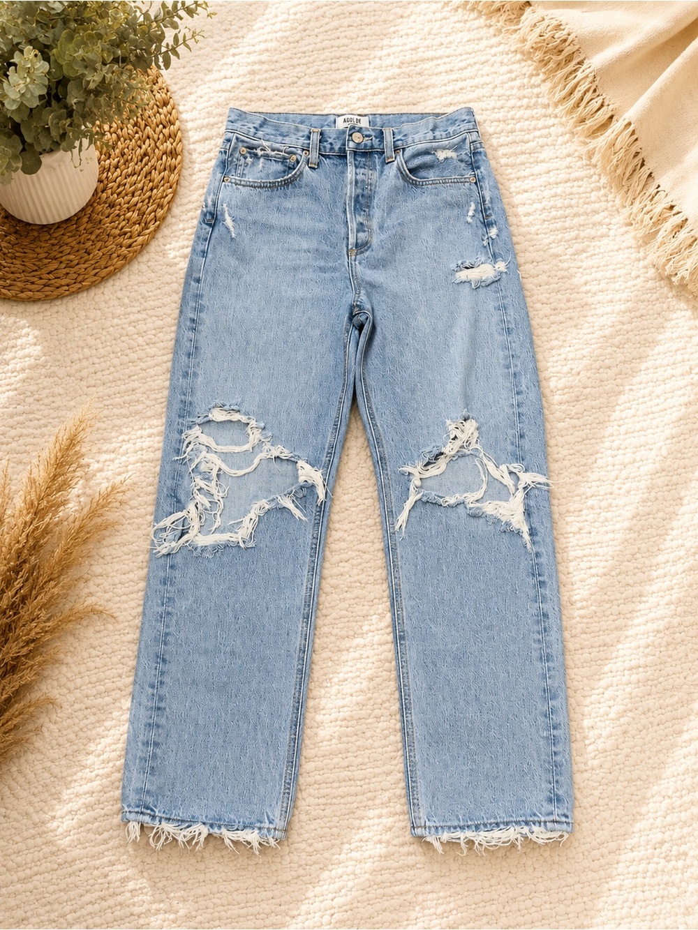 Agolde Light Wash Distressed Straight Leg Jeans
